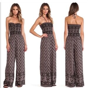 Free People Mauve Black Batik Floral Smocked Wide Leg Jumpsuit Small *Repaired